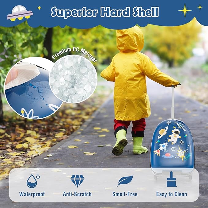 Goplus Kids Luggage, 16’’ Carry On Suitcase with Wheels, Waterproof Hard Shell, Lightweight Rolling Luggage for Travel, Birthday Gifts for Toddlers, Children, Boys, Girls (Blue-Astronaut)
