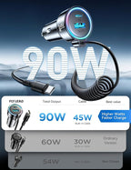 90W Car Charger USB C for iPhone 17/16 Pro Max, PD&QC3.0 w/6.65ft 45W Type Coiled Cable, Fast Car Phone Charger Adapter for iPhone 17Air/15 Pro, Samsung Galaxy S25/S24/S23, Pixel 10/LG/Android, iPad