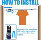 40ft Clothes Line Outdoors 3/16" Wire Ropes Blue PVC Coating Laundry Drying Clothesline Retractor with Metal Hooks Heavy Duty for Umbrella Travel Outside Camping Backyard
