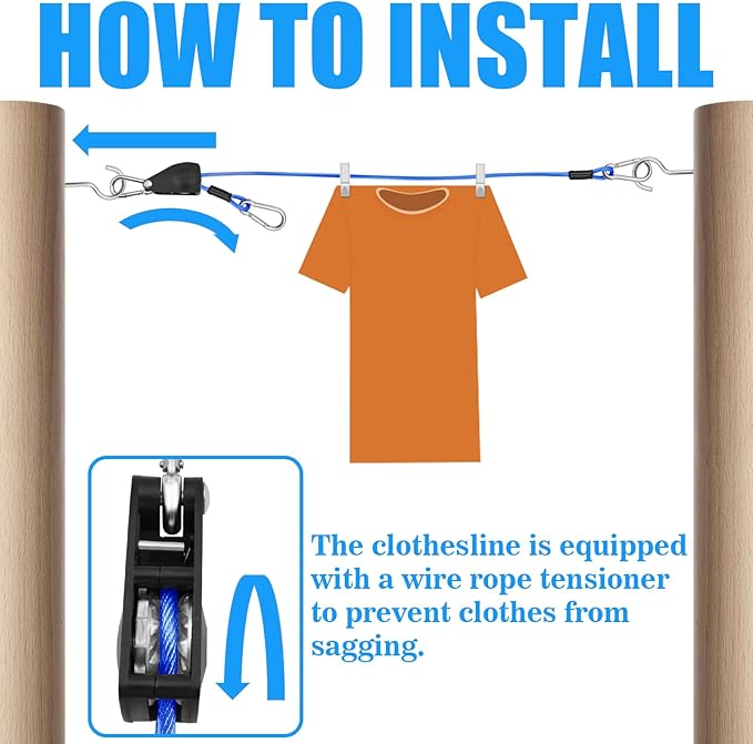 40ft Clothes Line Outdoors 3/16" Wire Ropes Blue PVC Coating Laundry Drying Clothesline Retractor with Metal Hooks Heavy Duty for Umbrella Travel Outside Camping Backyard