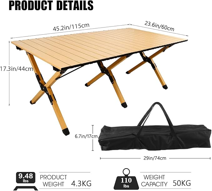 rollingsurfer Folding Camping Table, Lightweight Roll-Up Table Aluminum Low Portable Picnic Table with Carrying Bag for Outdoor, Beach, Picnic, Backyards, BBQ and Party, 45.2''D x 23.6''W x 17.3''H