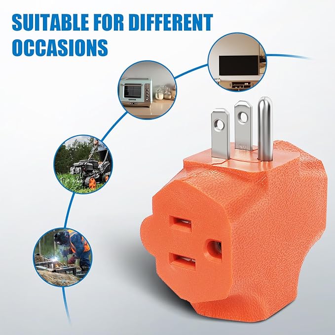 EXTRASTAR 3 Outlet Extender, Heavy Duty Grounded Wall Tab, T-Shaped Adapter Spaced, Electrical Multi-Outlet with 3 Prong, 3 Way Plug, ETL Listed Power Splitter for Home Office - Orange(4 Pack)