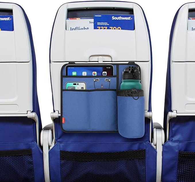 Airplane Seat Back Organizer & Storage, Airplane Tray Table Cover for Personal Items, Airline Seat Hanging Pockets Media Pouch,Reusable Travel Essentials,Fits Tablets,Cell Phone,Water Bottle (Blue)