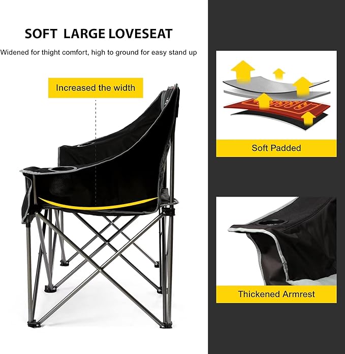 FAIR WIND Oversized Fully Padded Camping Chair Folding Loveseat Camping Couch Double Duo Chair Heavy Duty Quad Fold Arm Chair with Cup Hold - Supports 650 LBS Black