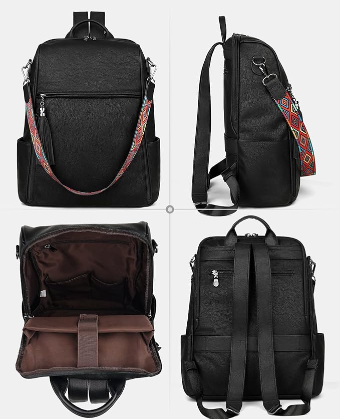 FADEON Leather Laptop Backpack for Women Designer 15.6 inch PU Laptop Bag, Ladies Travel Computer Work Backpack Black