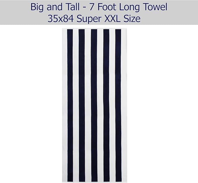 COTTON CRAFT Oversized Beach Towels - Set of 2 - XXL 35x84 The Big Kahuna 7 Foot Extra Large Beach Blanket Towel - Big & Tall - Huge 100% Cotton Velour Soft Luxury Pool Bath Towel - Cabana Stripe Navy