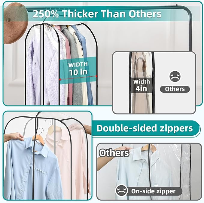 LANDNEOO 6 Pack Clear Garment Bags for Hanging Clothes with Zippers on Double Sides - 32&40&60" Long Suit Bags - 10'' Clothes Storage for Coat, Dress, and Fur in Closet