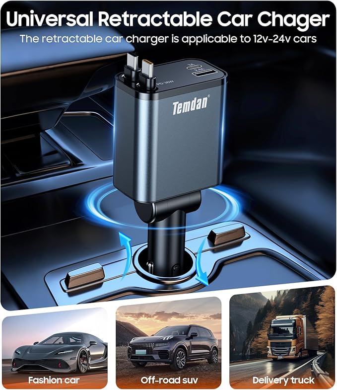 69W Retractable Car Charger, 4 in 1 Fast Charger USB C Car Truck Accessories for Men Women, Car Accessories for Valentines Day Gifts for Him Her, Travel Essentials for iPhone 17 Pro Max,Galaxy