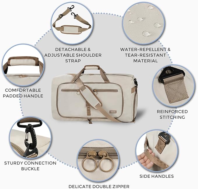 Fmeida 65L Duffle Bag with Shoes Compartment, Foldable Travel Duffel Bags for Men Women, Large Packable Travel Bag Water Repellent & Tear Resistant (Beige)