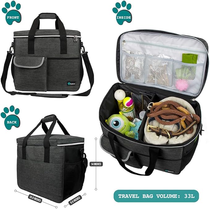 PetAmi Dog Travel Bag, Travel Pet Bag Organizer, Dog Food Travel Bag with Container Collapsible Bowls, Pet Travel Supplies Gift Accessories for Weekend Camping, Puppy Cat Diaper Bag, Charcoal Large