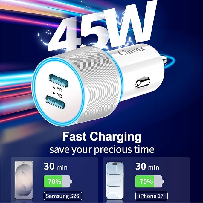 90W Car Charger USB C Fast Charge for iPhone 17 Pro Max/Air/17e/16 Plus/16e/15/iPad/MacBook Neo Phone Automobile Accessories, 2 Pack Dual 45W USBC Port Cigarette Lighter Adapter with 3.3FT Type C Cord