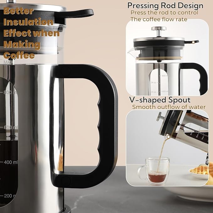 French Press Coffee Maker 34 oz, 1000ml Borosilicate Glass Stainless Steel Coffee Brewer with Reusable Filters Portable Coffee Press for Kitchen Travel Camping