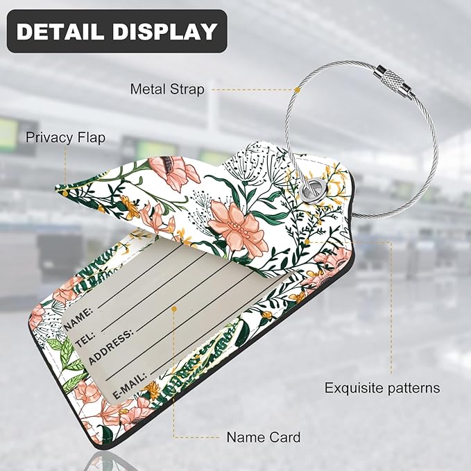 2Pack Luggage Tags for Suitcases, Cute Unique Pu Leather Cruise Luggage Tag with Privacy Cover ID Label Address Card and Metal Ring Suitable for Women Men Kids Travel Bag Green leaves, pink flowers