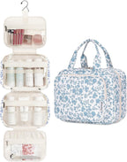 Narwey Hanging Floral Toiletry Bag for Women Travel Makeup Bag Organizer Toiletries Bag for Travel Size Essentials Accessories Cosmetics (Blue Flower (Medium))