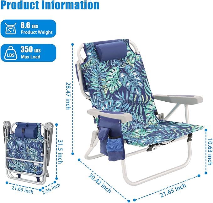 SUNNYFEEL Low Beach Chair, 5-Position Lay Flat Reclining, Backpack Portable Folding Chair with Cooler Bag & Cup Holder, Heavy Duty 350 LBS, Compact for Beach, Camping, Travel