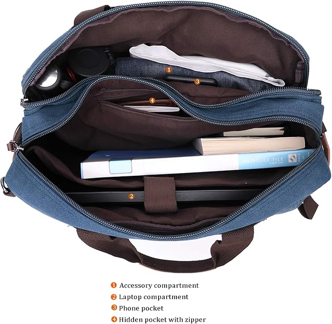 CROCOD 3 In 1 Canvas Convertible Laptop Bag for Men Women, 17.3 inch Laptop Messenger Bag Work Briefcase, Computer Shoulder Bag for Travel Business Office (17.3 Inch, Blue) | 3 In 1, Multi-pocket