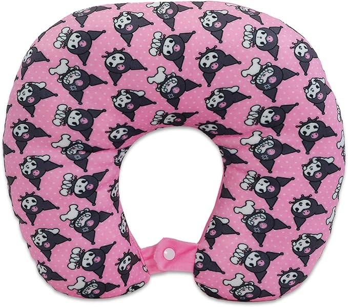 SANRIO Kuromi Neck Pillow and Blanket Set - Bundle Kuromi Travel Neck Pillow, Kuromi Fleece Blanket, Stickers, More | Kuromi Travel Accessories