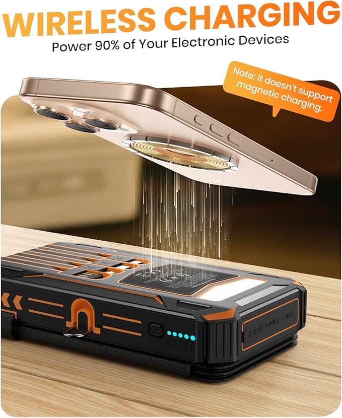 SOARAISE Solar Charger Power Bank - 48000mAh Wireless Portable Charger Built-in 4 Cables and 4 Solar Panels, PD QC 3.0 Fast Charging USB C Battery Pack with Flashlight for Camping Travel