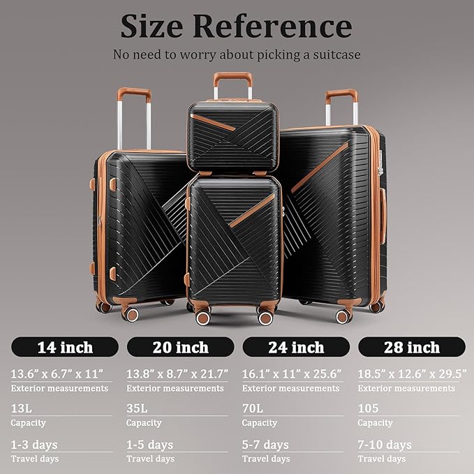 Hard Shell Luggage Sets 4 Piece with 360 Spinner Wheels,Lightweight Suitcase Set with TSA Lock,Travel Luggage Set with Telescoping Handle,Light and Strong,Easy to Clean (Black)