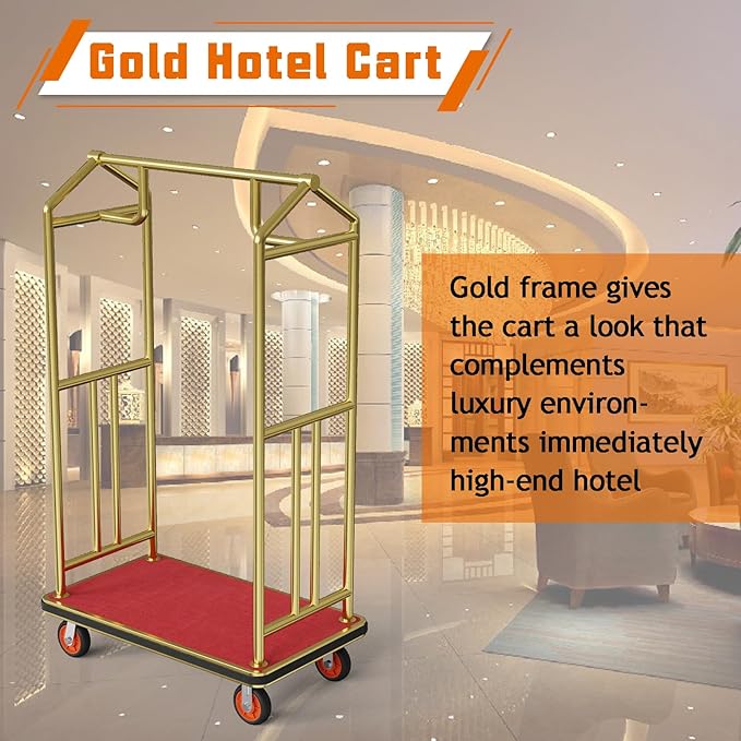 Gold Hotel Luggage Cart,42"x24" Bellman Cart with Baffle Guardrail and 6In Caster Weight Capacity Up to 850LBS Provide Convenience to Guest Gold Finished Hotel Cart Add Elegance to Hotel&Resort