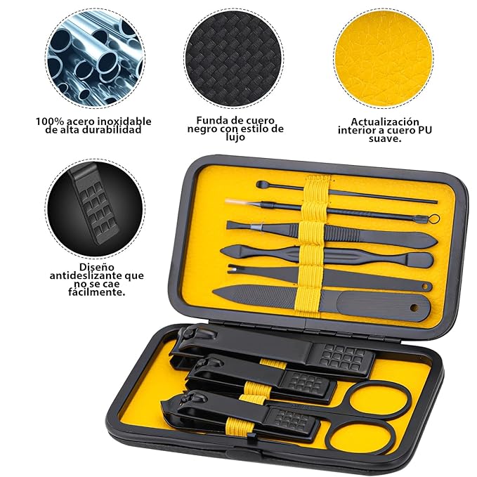 Glamne Manicure Set Nail Clippers Kit Professional Stainless Steel Nail Care Tools with Leather Travel Case 10 in 1 Yellow
