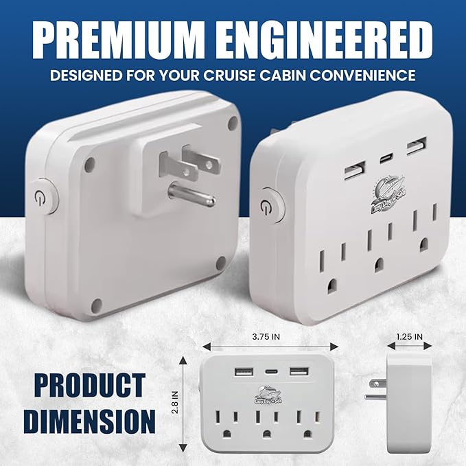 Cruise Ship Compliant Non-Surge Power Strip (6-in-1) Outlet Extender with 3 AC Outlets, 2 USB Ports & 1 USB-C, 2500W, Carnival, Norwegian, Princess & Disney Cruises – Verify Policies Before Travel