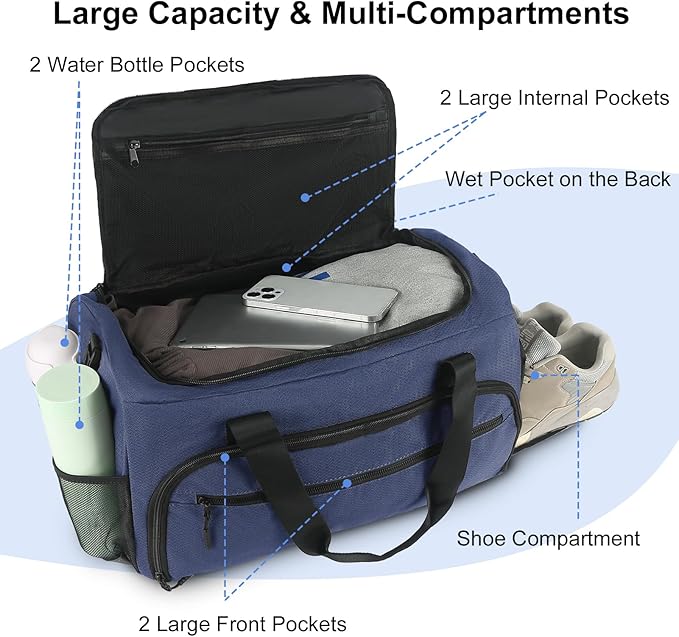 Gym Bag for Men Women, Sport Duffle Bag with Wet Pocket & Shoes Compartment, Water Resistant Overnight Weekender Bag Duffel Bag