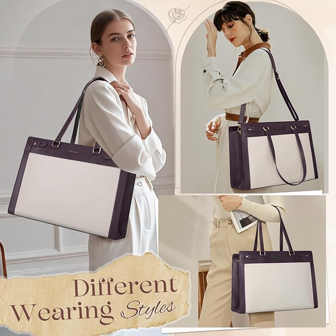 RAINSMORE Laptop Bag for Women 15.6 Inch PU Vegan Leather Work Tote Bag Waterproof Womens Briefcase Designer Computer Bags for Office Teacher College Travel Large Tote Purse Professional Green & Beige