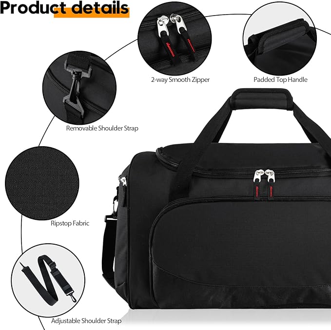 Uarition Gym Bag for Men - 55L Black Durable Large Duffle Bag for Travel, Workout, Fitness & Sport