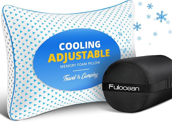 Cooling Shredded Memory Foam Travel & Camping Pillow Large, Adjustable College Dorm Pillow for Home-Like Comfort,Compressible Portable & Medium Firm Neck Support, Ideal Sleeping, Car, Airplane