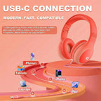 ADOOPE Wired Kids Headphones with USB C Plug, 85dB Safe Volume, Adjustable Headband, Tangle-Free Cord Headphones for School, Tablet, Travel (Coral Red & Soft Peach, Without Microphone)