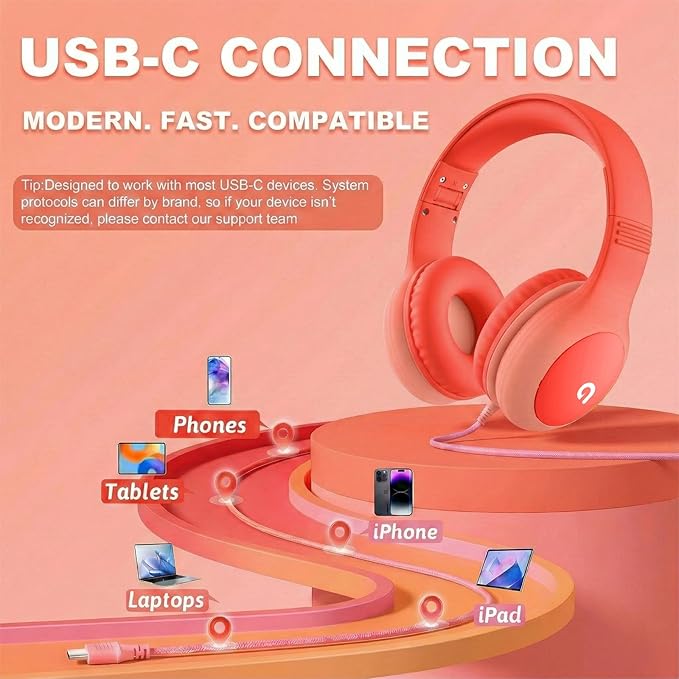 ADOOPE Wired Kids Headphones with USB C Plug, 85dB Safe Volume, Adjustable Headband, Tangle-Free Cord Headphones for School, Tablet, Travel (Coral Red & Soft Peach, Without Microphone)