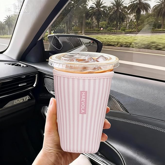 Reusable Insulated Neoprene Iced Coffee Cup Sleeve, Durable Drink Sleeve for Cold Beverages, Beverage Holder for Iced Coffee, Pink Stripes