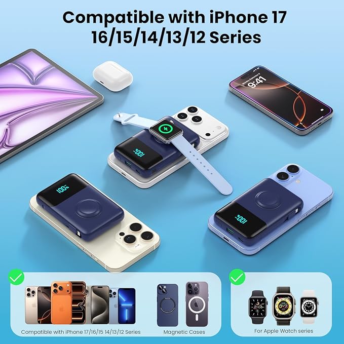 Magnetic Portable Charger for iPhone with Built-in Cable,10800mAh Wireless Power Bank for Magsafe Travel Essential,6-in-1 25W PD Fast Charging USB C Battery Pack for iPhone 17/16/15/14/13, Apple Watch