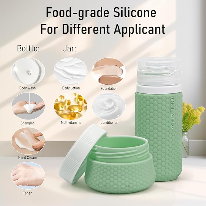 2 oz Travel Bottle Silicone Small Liquid Travel Containers 2 Pack Leak Proof TSA Approved Bottles On The Go Size Traveling Kit for Toiletries Shampoo Body Wash Skincare Lotion Women Men Leather Green