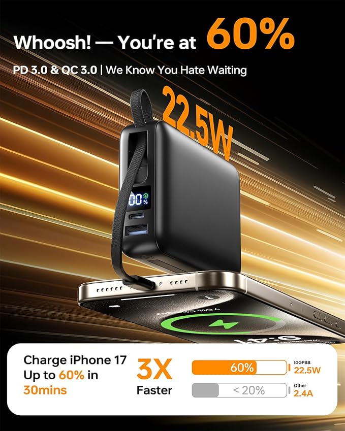 Portable Charger 50000mAh Power Bank,Portable Phone Charger with 2 Built in Cables,22.5W Fast Charging Travel Essentials Battery Pack for iPhone/iPad/MacBook/Android/Samsung
