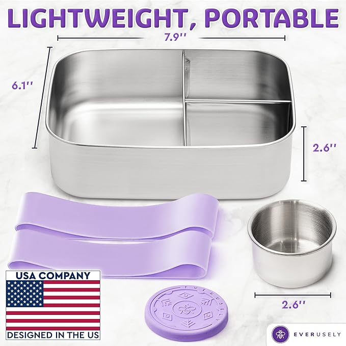Everusely - Bento Box - Lavender, 47oz / 1.4 L - Large Stainless Steel Lunch Box with Leakproof Condiment Container - 3 Compartment Snack Organizer for On the Go Meals - Freezer & Dishwasher Safe