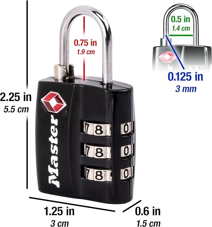 Master Lock 4680DBLK TSA-Approved Luggage Lock, 1-3/16-in. Wide, Black (Pack of 2)