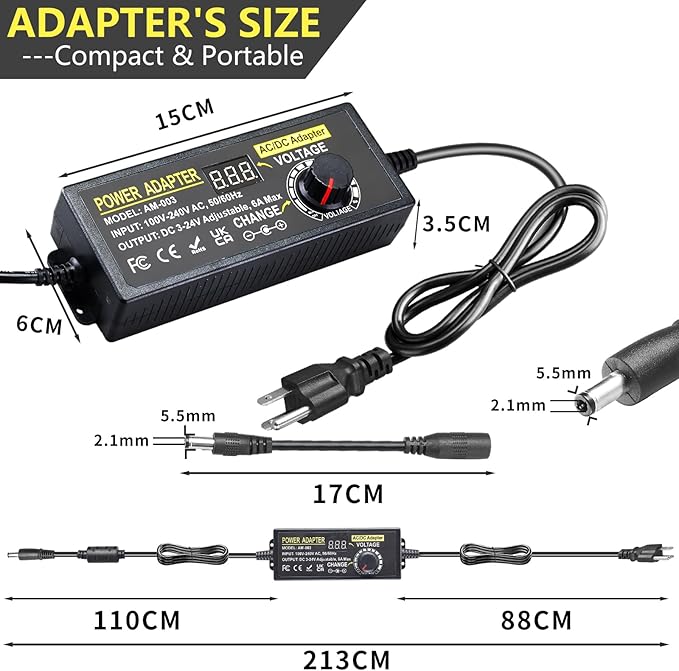 3V~24V 6A 144W Adjustable Power Supply 3V 5V 6V 9V 10V 12V 15V 18V 20V 24V Universal Variable Switching Power AC/DC Adapter,100V-240V AC to DC Converter with 14 Tips & Polarity Converter & 3Test Leads