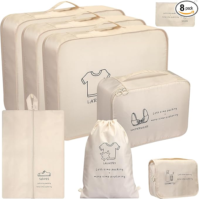 8 Set Travel Packing Organizers- Luggage Organizer for Suitcase Organization with Hanging Toiletry, Shoe & Laundry Bags, Packing Cubes for Travel Essentials, Cute Gifts for Women, Beige