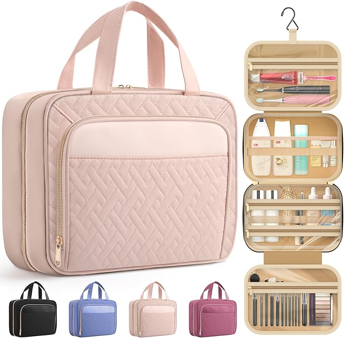 HOTOR Travel Toiletry Bag for Women & Men, Waterproof Makeup Bag with Hanging Hook and Multiple Pockets, Cosmetic Bags for Women, Travel Essentials, 11.2'' x 3.2'' x 8.9'', Pale Pink