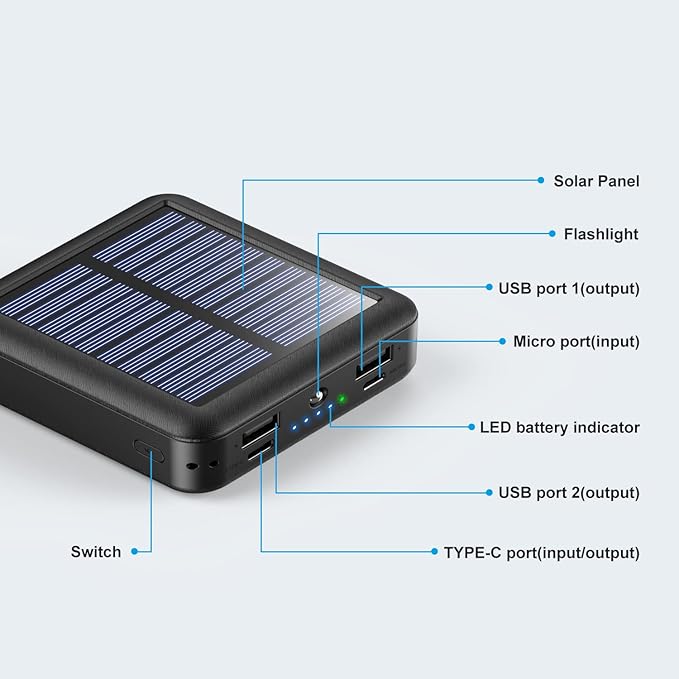 Solar Portable Charger 12000mAh, Small Solar Power Bank, USB C Input/Output External Battery with Built-in 4 Cables, Two-Hand Flashlight, Suitable for iPhone, Tablet Computers and Samsung