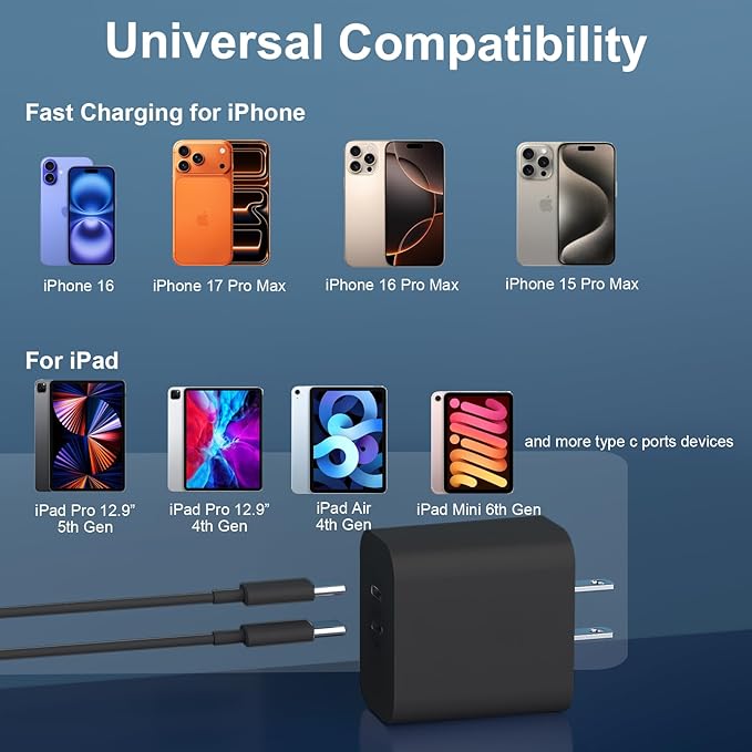 Phone 15/16/17 Pro Max Charger Fast Charging, 20W Dual Port USB C Charger Block with 6.6FT Long USB C to C Charging Cable Cord for Phone 17 16 15 Pro Max/17 16 15Pro/15/1615Plus,Air