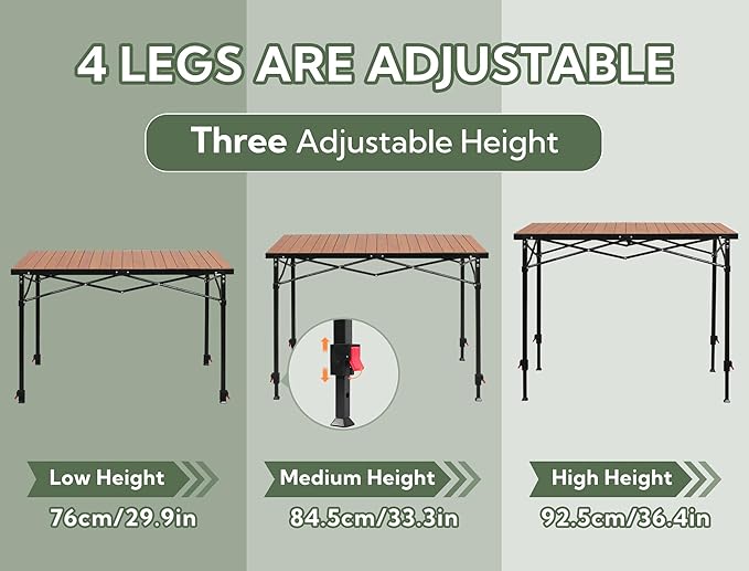 Join Nature Portable Outdoor Adjustable Height Camping Table, Large for 2-6 Person, Foldable Roll-up Aluminum Camp Table with Carry Bag for Picnic, Camp, Sturdy, Stable, Loads 220 Lbs