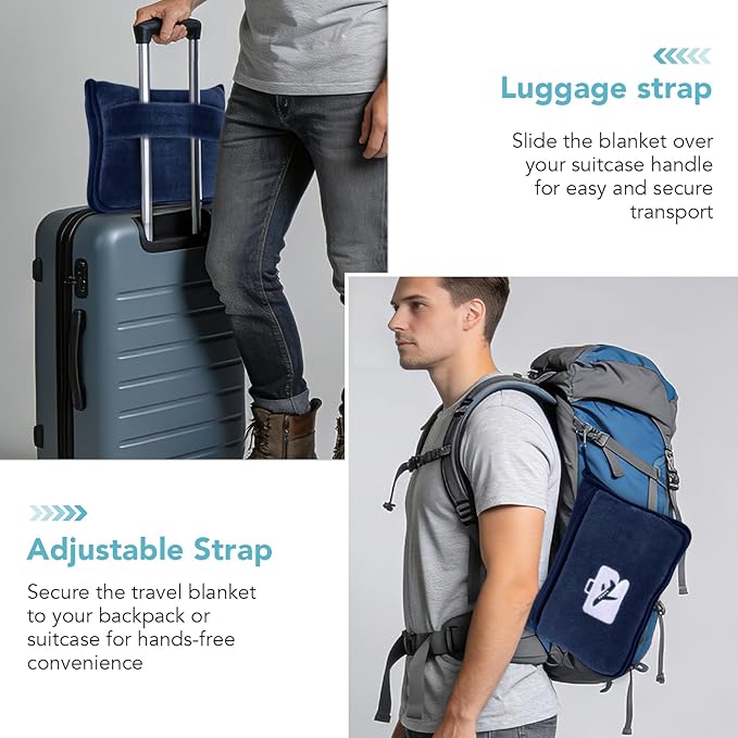SINLAND Travel Pillow and Blanket 2-in-1 Set,Airplane Packable Bag,Soft and Lightweight Plane Flight Car Trips Travel Essentials Gift,Hand Luggage Sleeve and Backpack Clip,60x50 Inch NavyBlue
