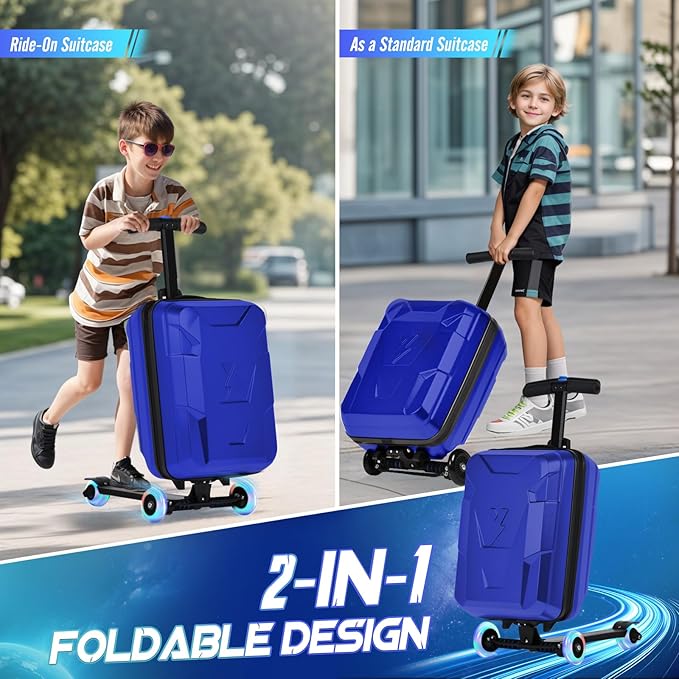 smilesun Scooter Suitcase for Kids & Adults, Foldable Carry On Travel Luggage, Hardside Ride on Scooter Suitcase with Spinner Wheels，Blue