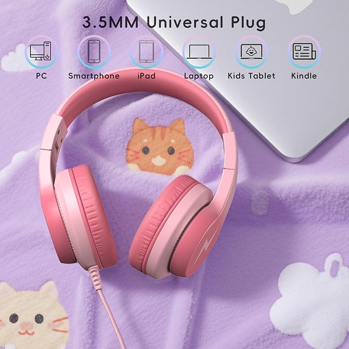 Candy Bila Kids Wired Headphones for Kids with Microphone, 85/94dB Volume Limiter Headphones for Girls Boys, Light Pink