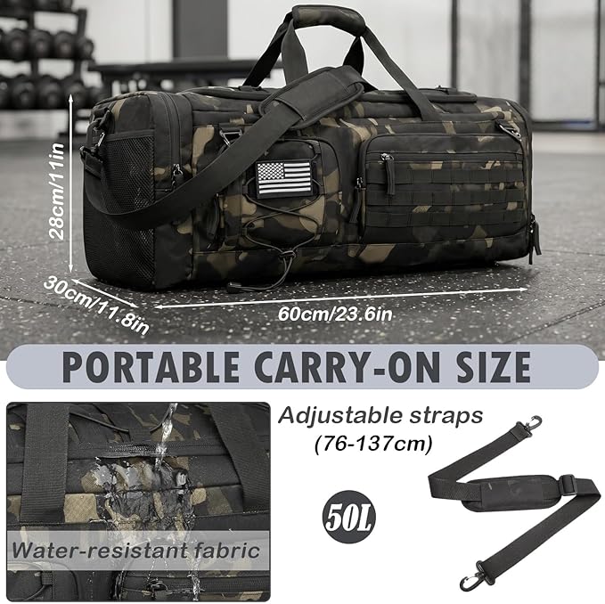 Gym Bag for Men and Women, 50L Extra Large Duffle Bag, 3-in-1 Travel Sports Duffel Bags with Shoe & Laptop Compartment for Overnight Weekender Gym Traveling Workout Deployment, Black CM