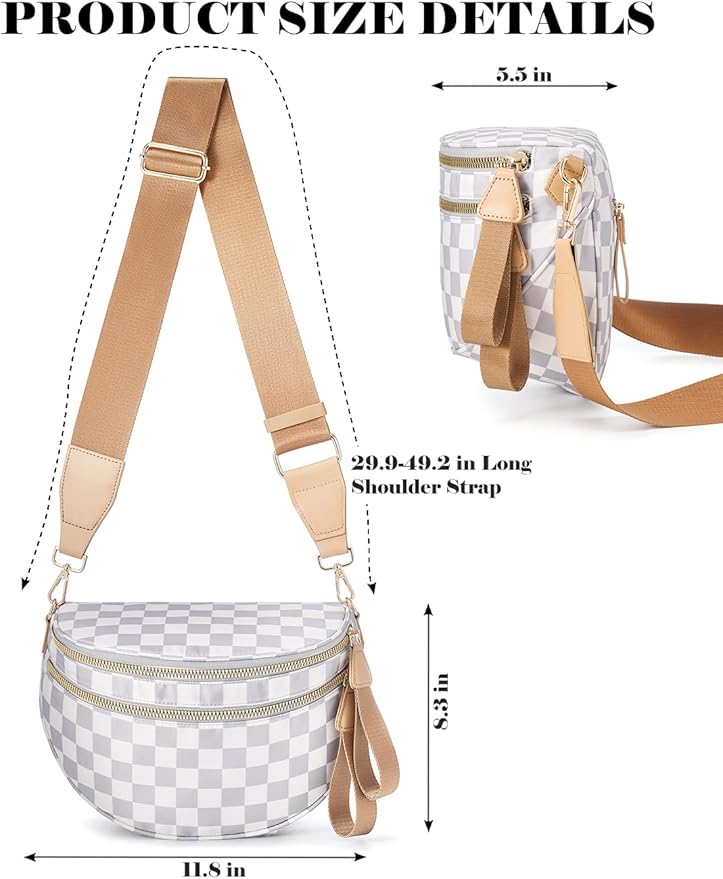 Black and White Checkered Crossbody Bag Bum Bag for Women,Spacious Checkered Purse Fanny Packs Belt Bag