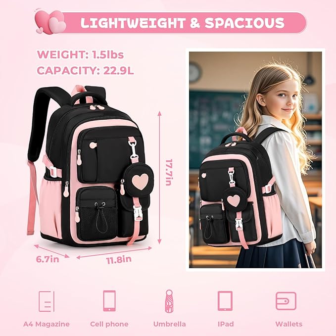 MOONBABY Girls Backpack, Kids Backpack for Girls, School bag for Primary Elementary Teenage, Middle School Students Bookbag